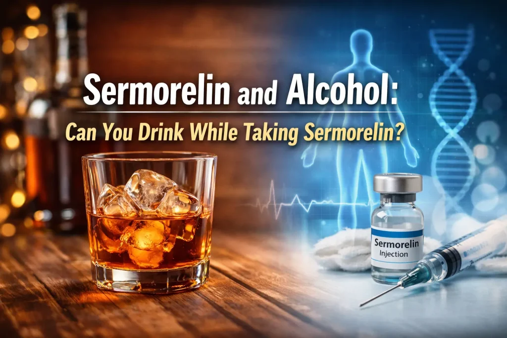 Horizontal image showing a glass of alcohol on one side and a sermorelin injection vial and syringe on the other, with overlaid text asking if you can drink alcohol while taking sermorelin.